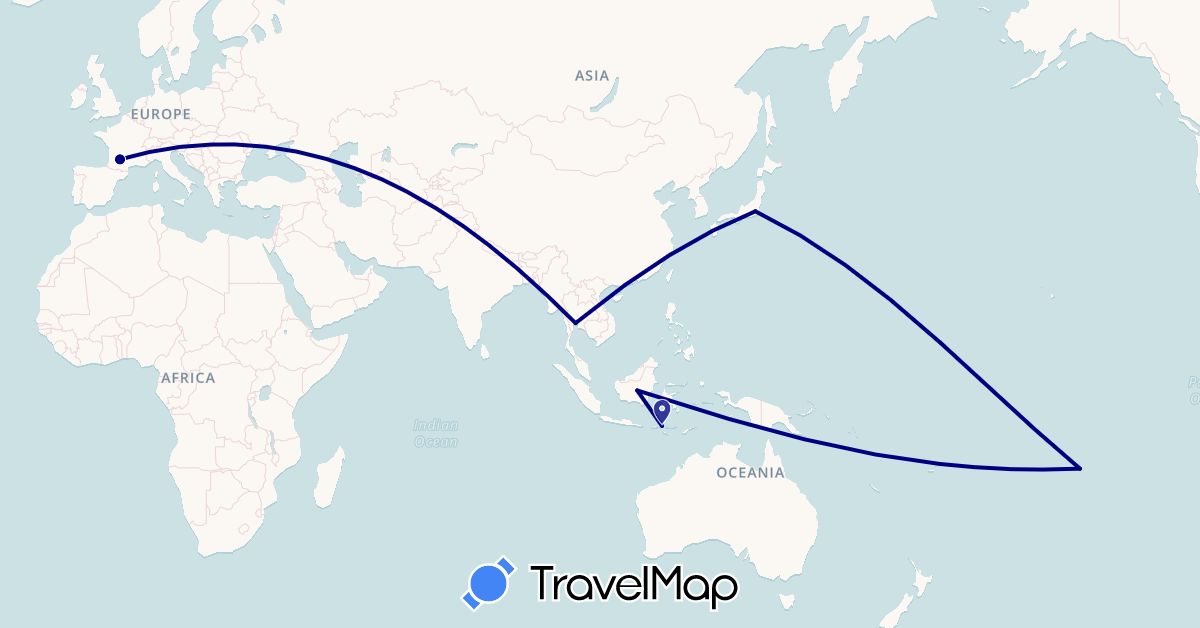 TravelMap itinerary: driving in France, Indonesia, Japan, French Polynesia, Thailand (Asia, Europe, Oceania)